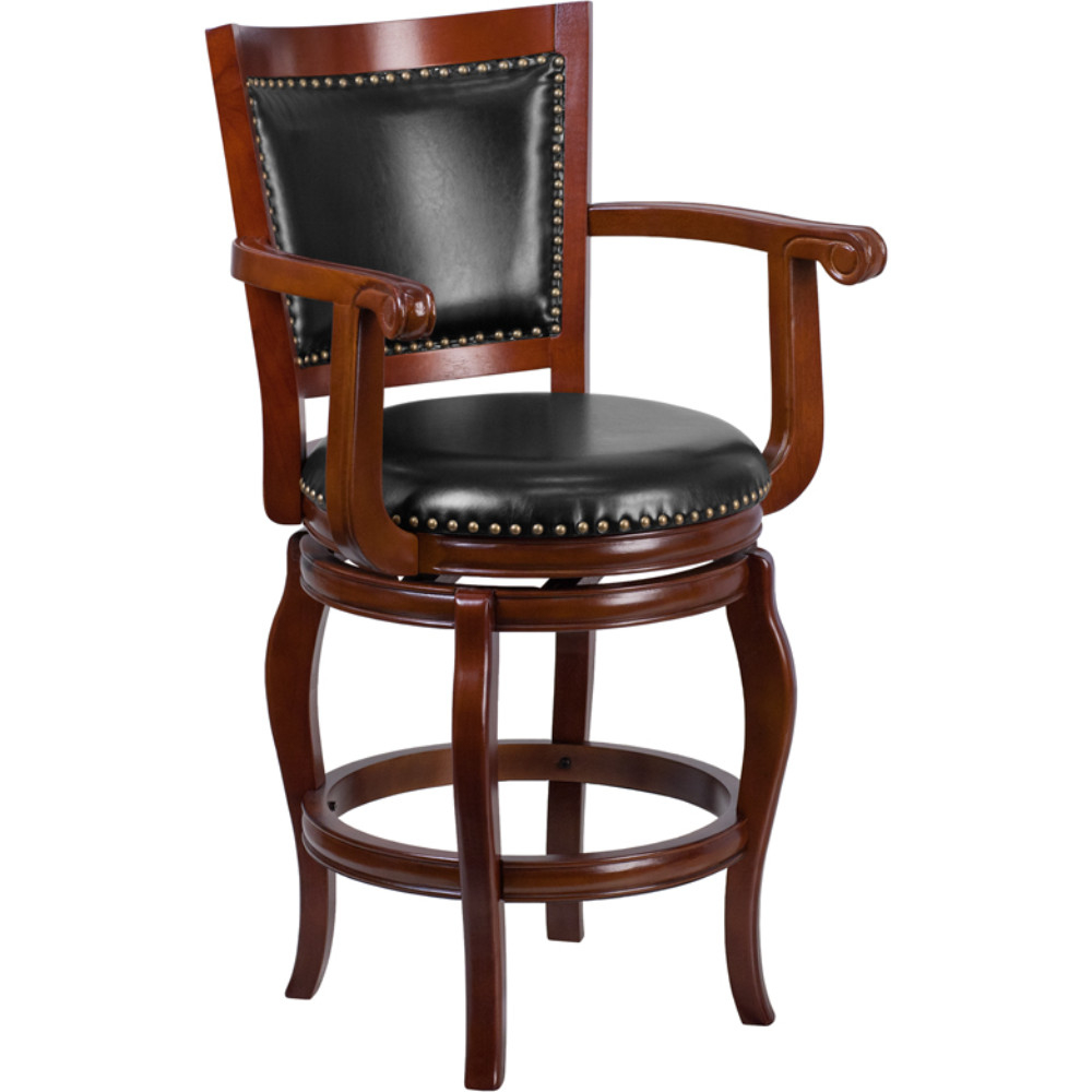 26'' High Cherry Wood Counter Height Stool With Black Leather Swivel Seat