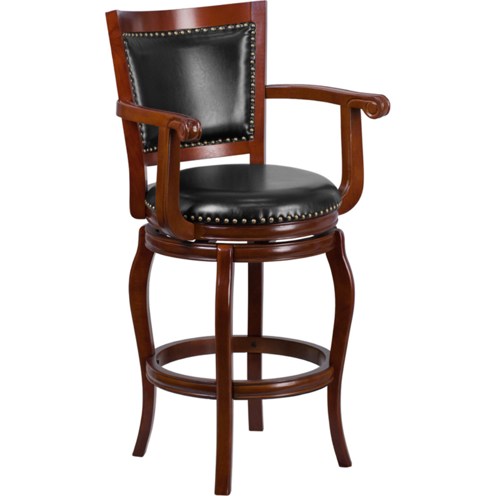 30 High Cherry Wood Barstool With Black Leather Swivel Seat TA-21259-CHY-GG