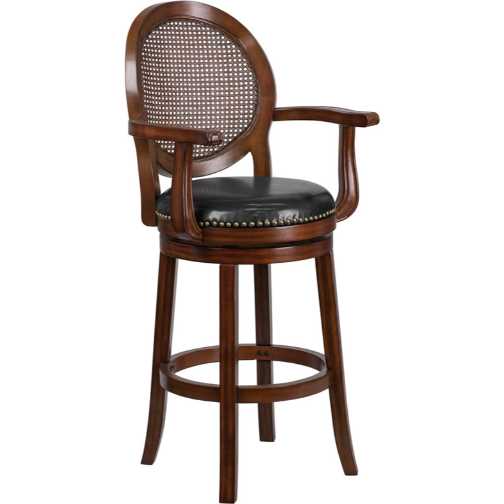 30'' High Expresso Wood Barstool With Arms And Black Leather Swivel Seat