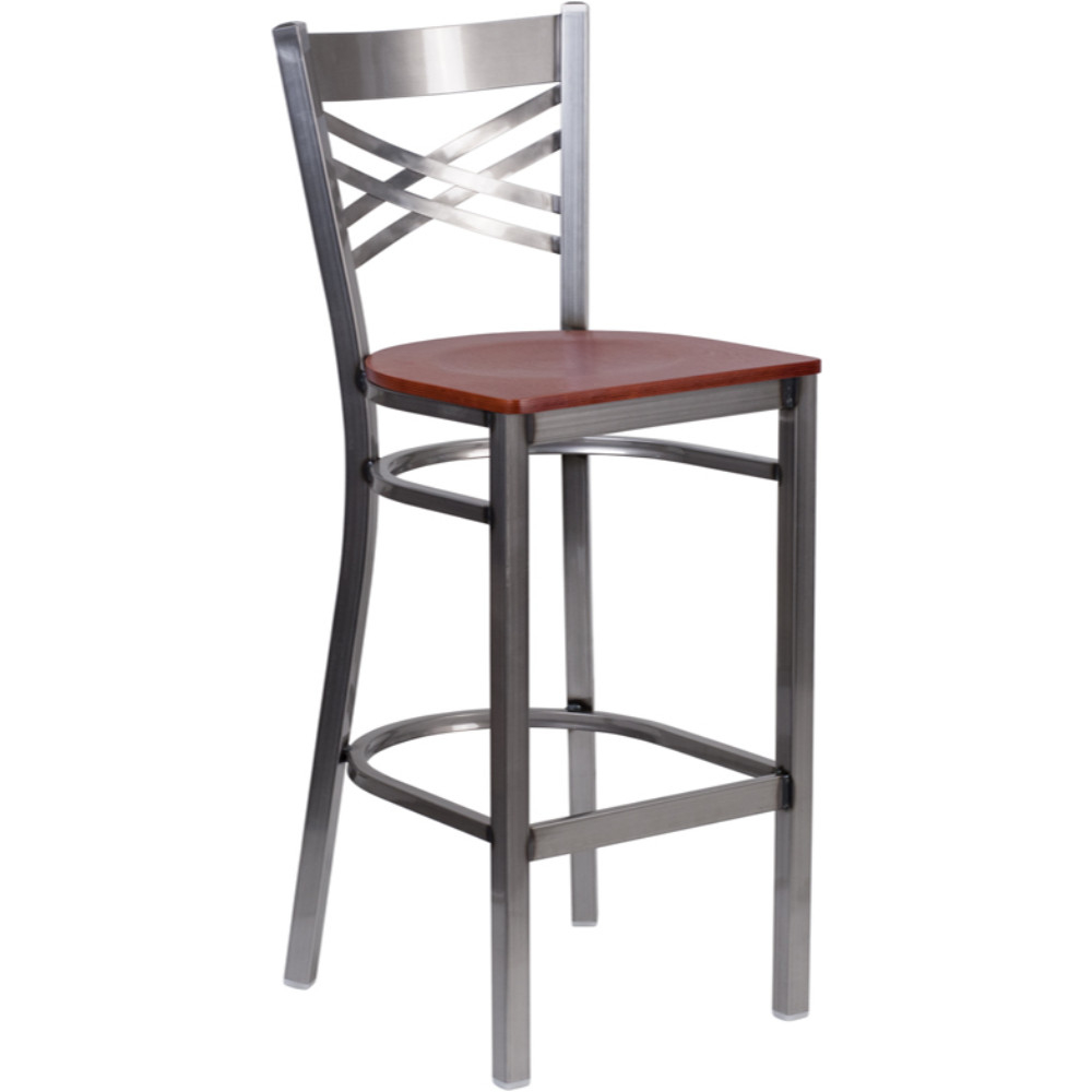 HERCULES Series Clear Coated ''X'' Back Metal Restaurant Barstool, Cherry And Gray