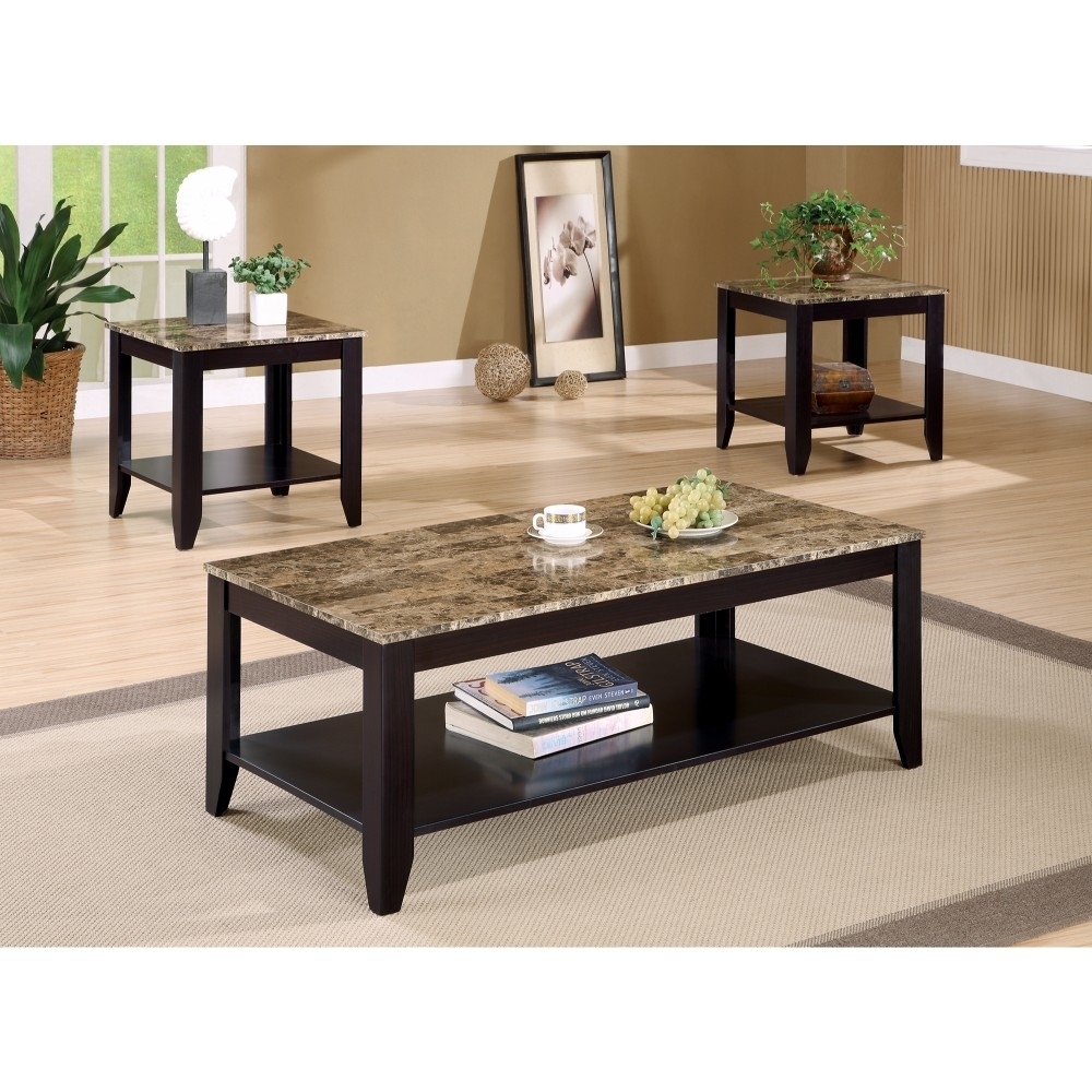 Artistic 3 Piece Occasional Table Set With Marble Top, Brown- Saltoro Sherpi