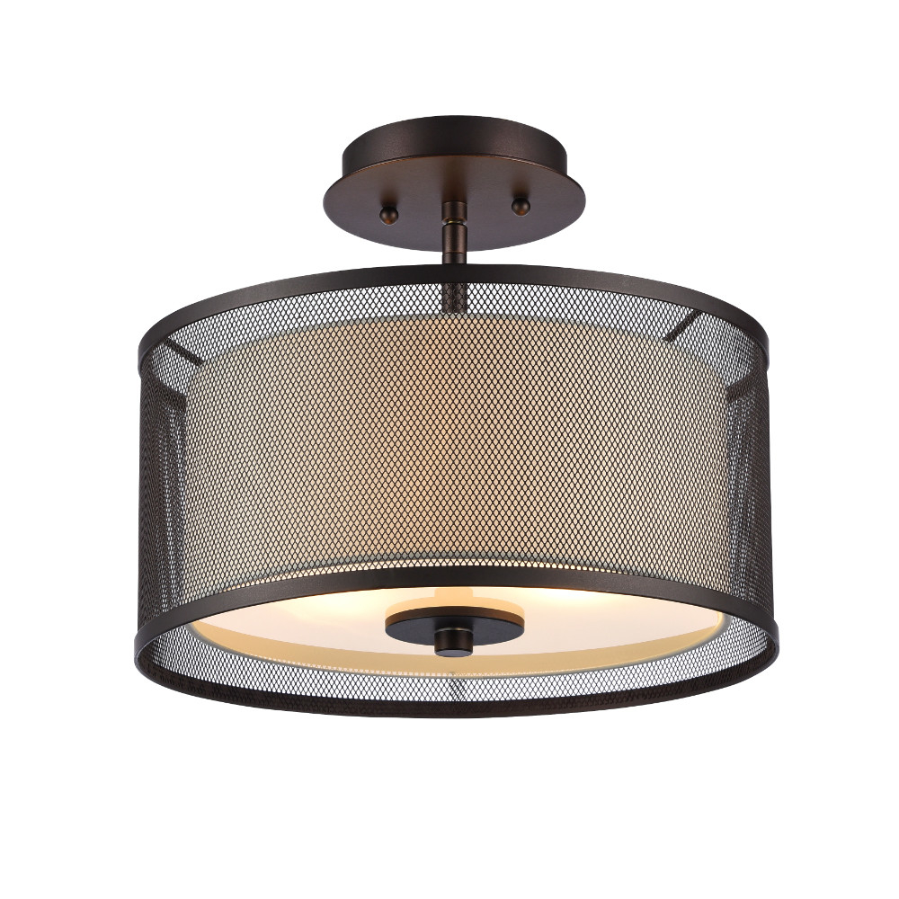 13 Inches 2 Bulb Ceiling Fixture with Mesh Shade and Glass Diffuser, Bronze