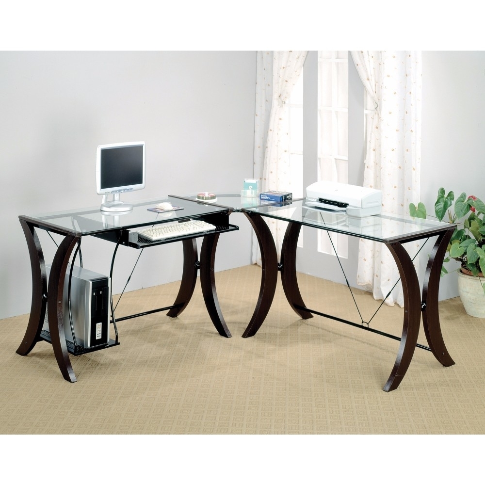 Sophisticated 3 Piece Desk Set With Glass Top, Clear And Brown- Saltoro Sherpi
