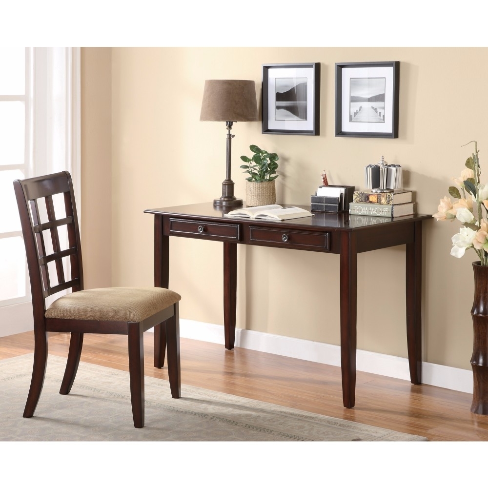 2 Piece Solid Wooden Desk Set, Brown- Saltoro Sherpi