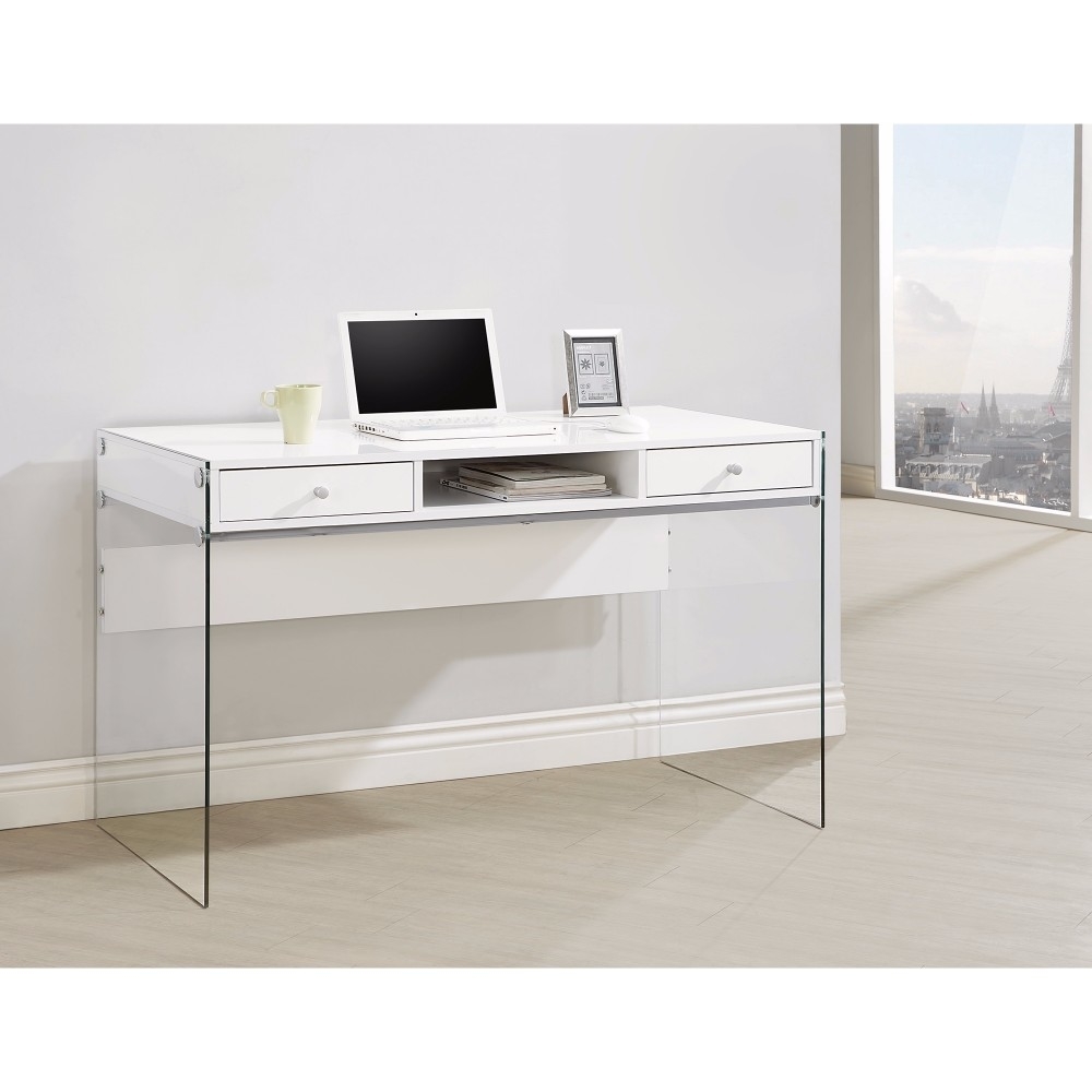 Contemporary Metal Writing Desk With Glass Sides, Clear And White- Saltoro Sherpi