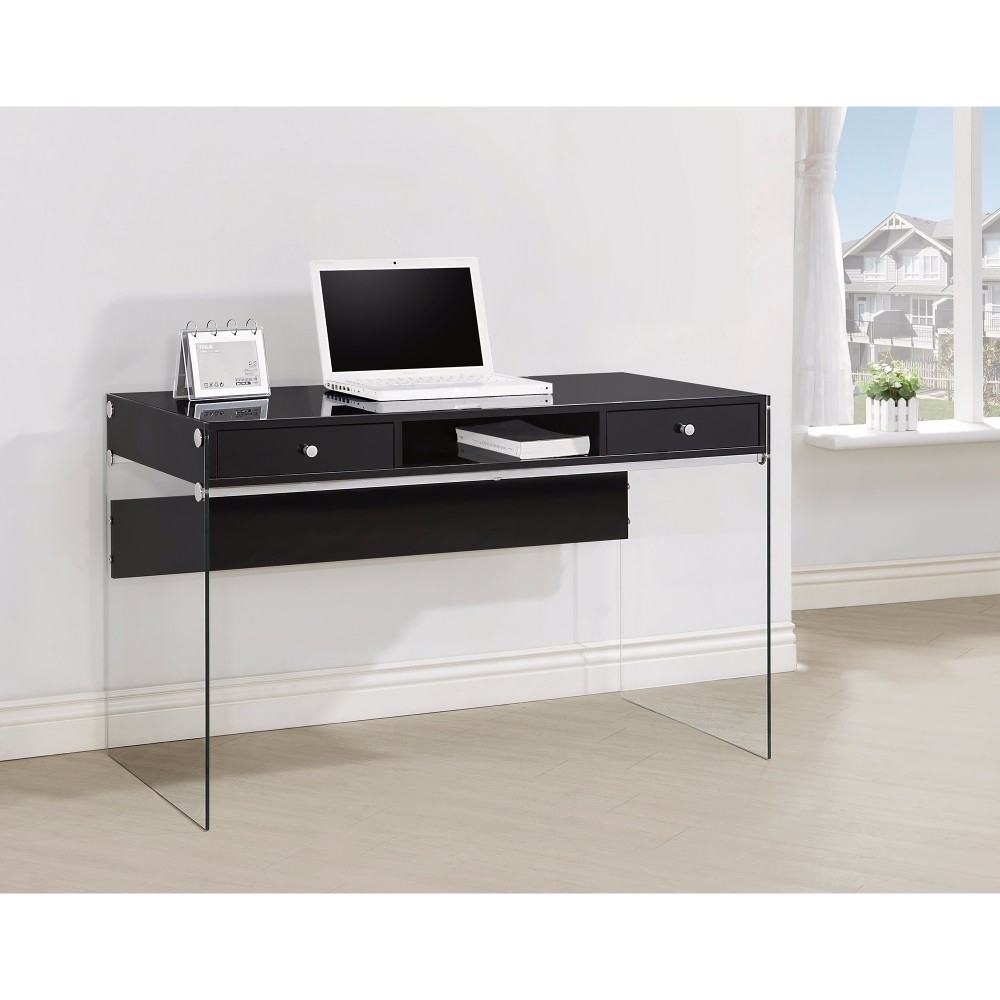 Elegant Metal Writing Desk With Glass Sides, Clear And Black- Saltoro Sherpi