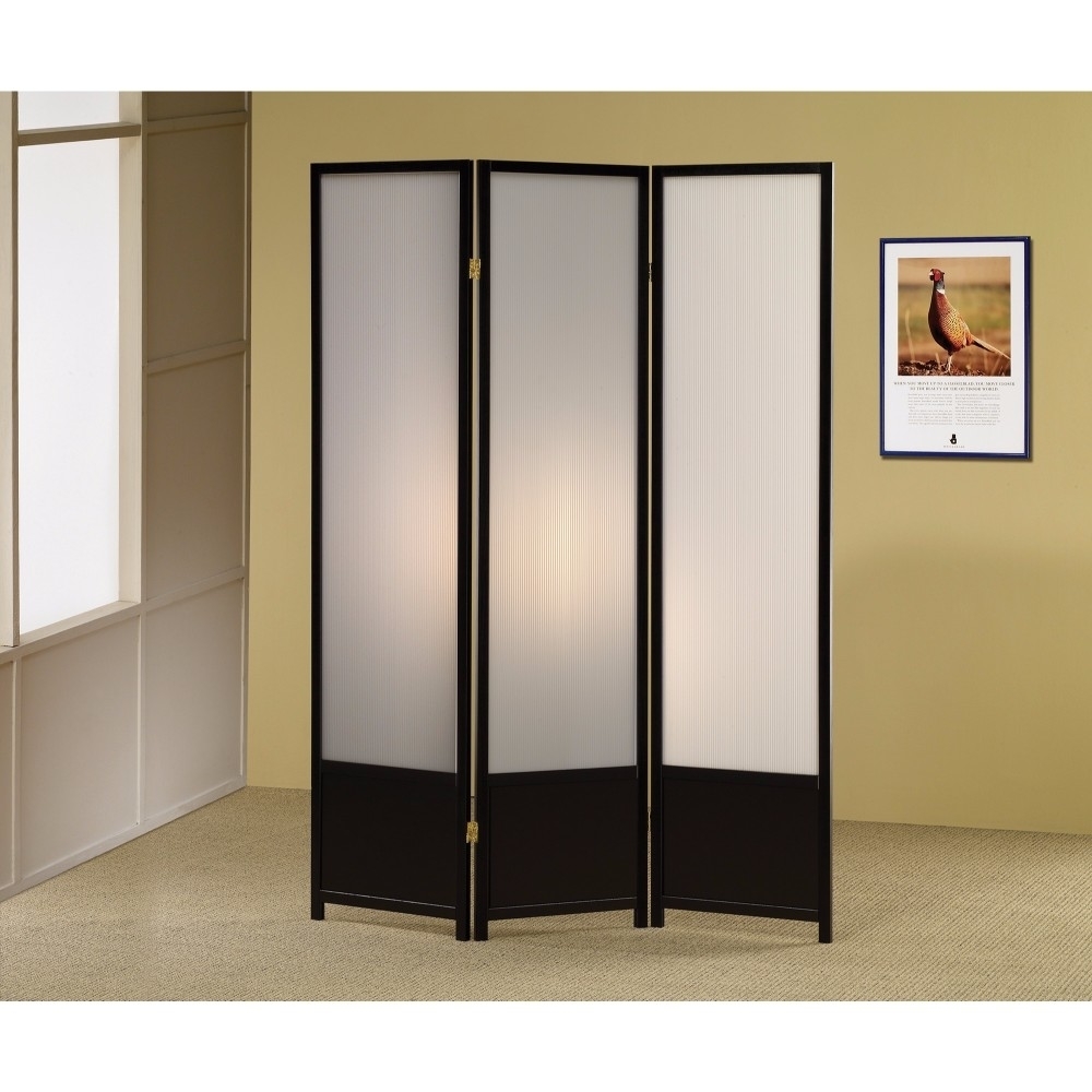 Three Panel Folding Screen With Translucent Inserts, Black- Saltoro Sherpi