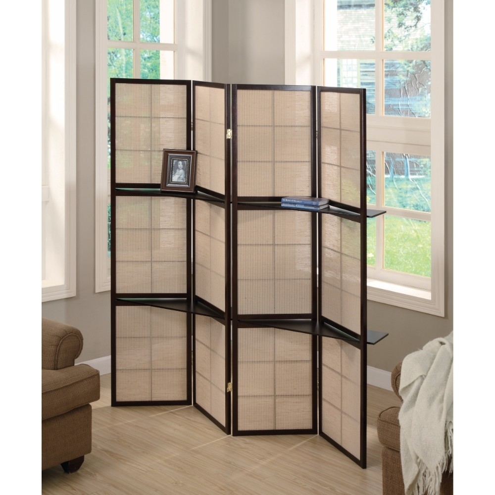 Stylish Four Panel Folding Screen With Shelves, Brown- Saltoro Sherpi