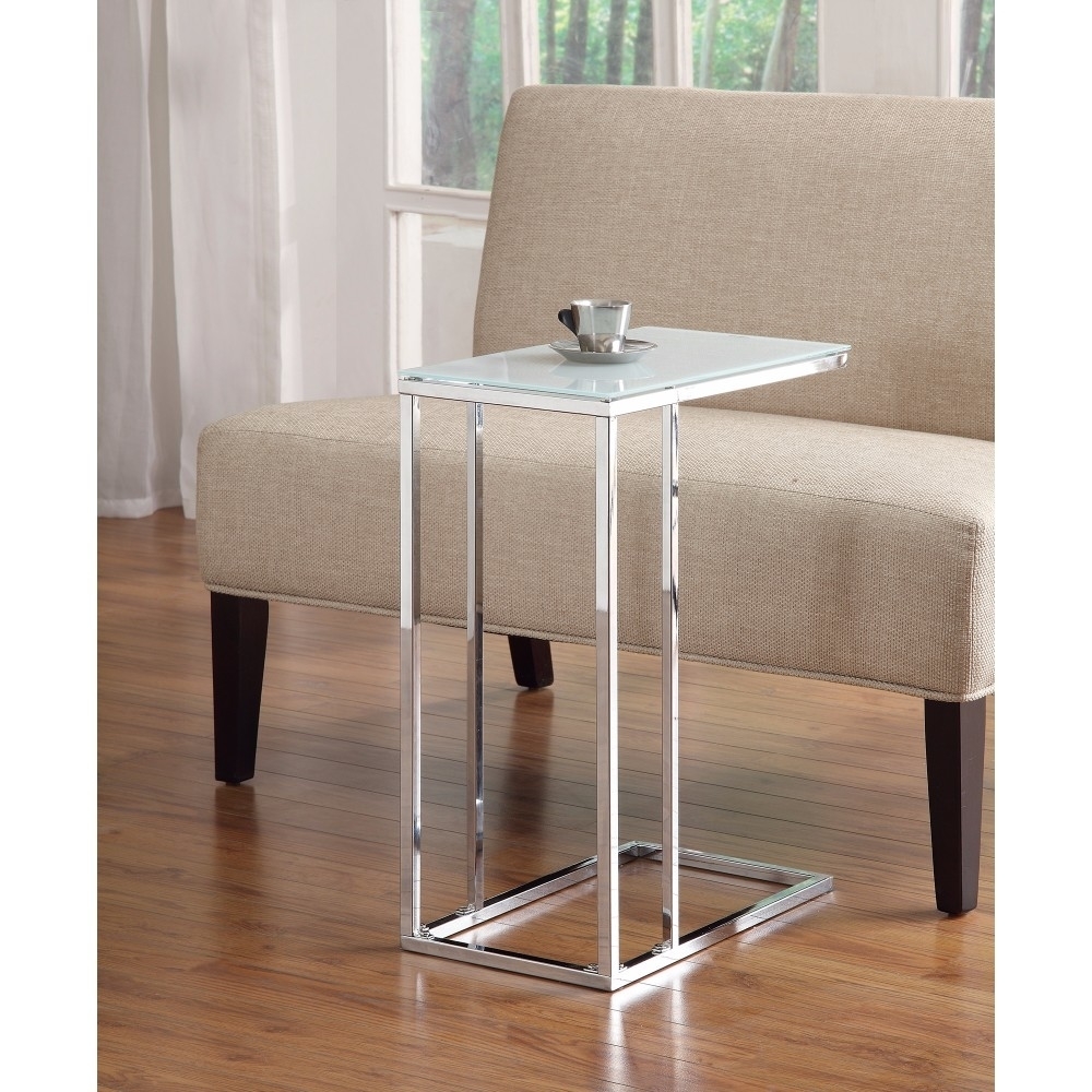 Metal Snack Table With Frosted Tempered Glass Top, Clear And Silver- Saltoro Sherpi