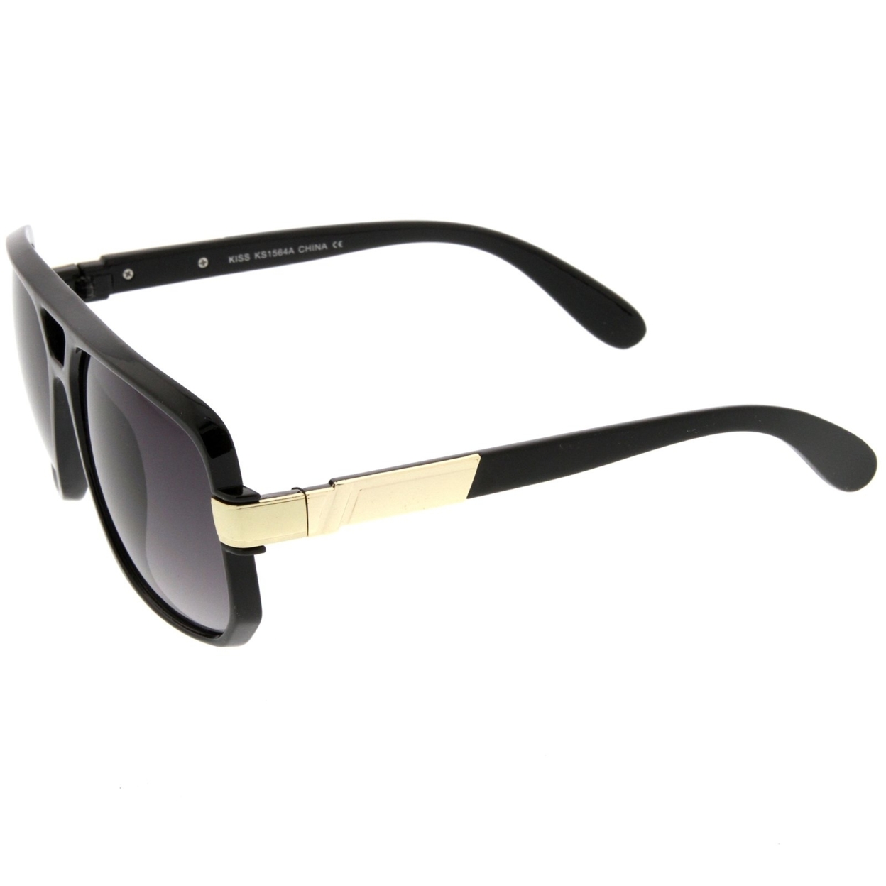 Classic Flat Top Metal Accented Temples Square Aviator Glasses 56mm - Matte Black-Gold / Smoke