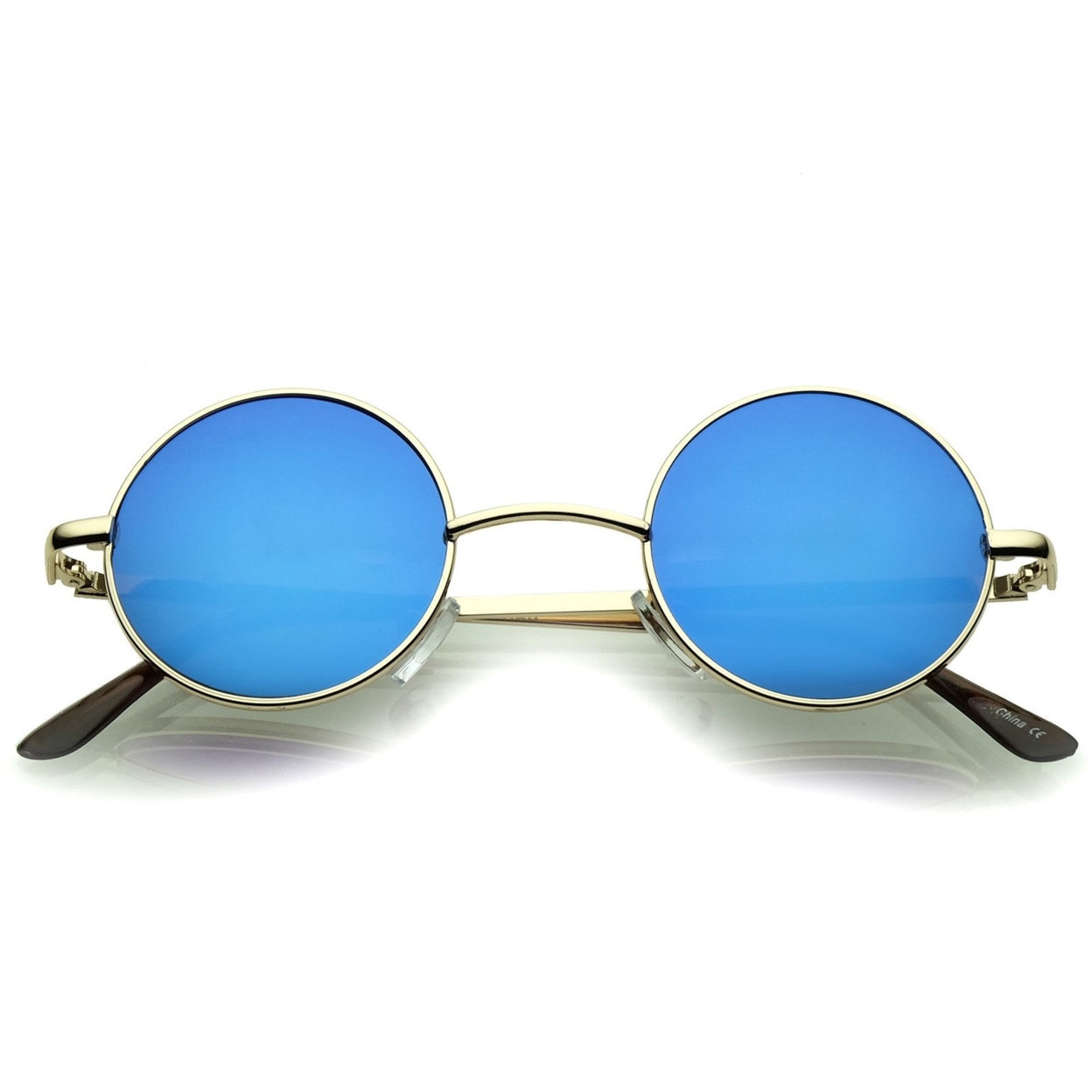 Small Retro Lennon Inspired Style Colored Mirror Lens Round Metal Sunglasses 41mm - Gold / Blue Mirror