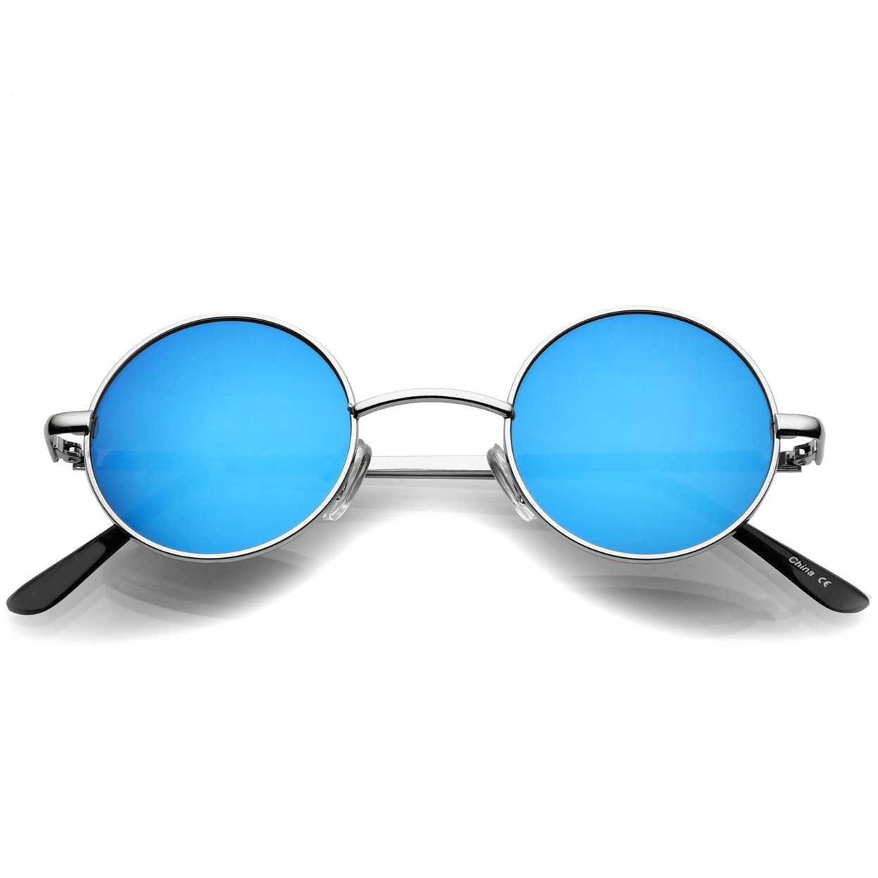 Small Retro Lennon Style Colored Mirror Lens Round Metal Sunglasses 41mm - Silver / Blue Mirror