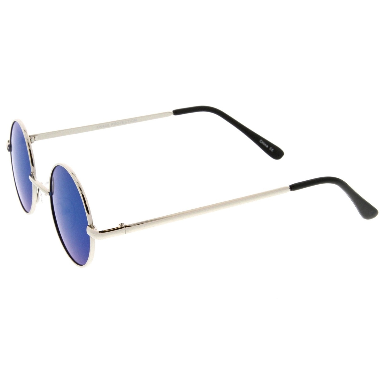 Small Retro Lennon Style Colored Mirror Lens Round Metal Sunglasses 41mm - Silver / Green-Blue Mirror