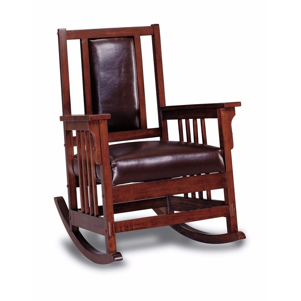 Mission Style Rocking Chair, Leather Upholstered Seat & Back, Tobacco And Dark Brown- Saltoro Sherpi