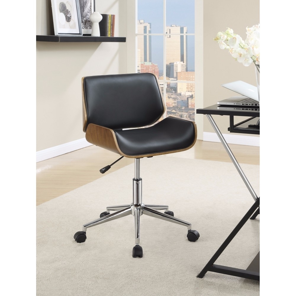 30 Inch Office Chair, Curved Back And Seat, Wooden Support, Black Leatherette