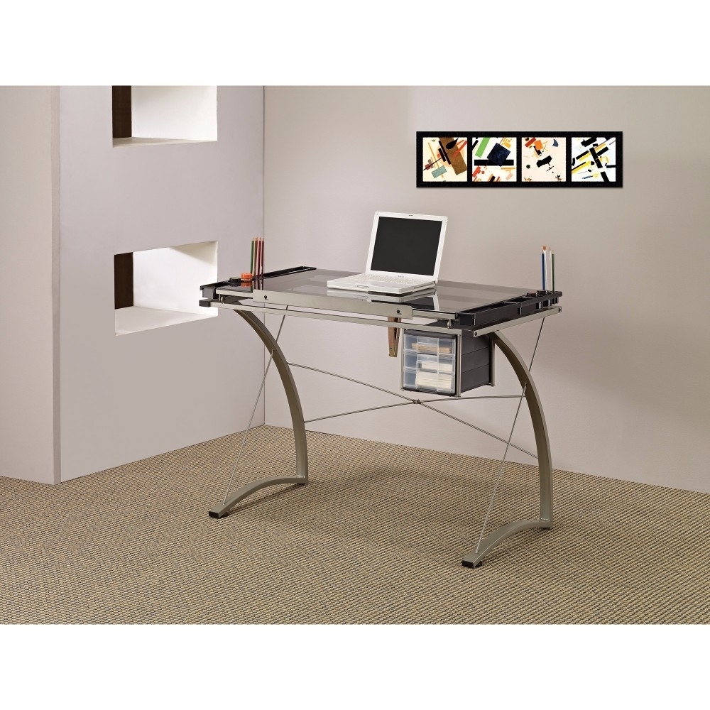 Sophisticated Metal Drafting Desk With Tempered Glass Top, Gray- Saltoro Sherpi
