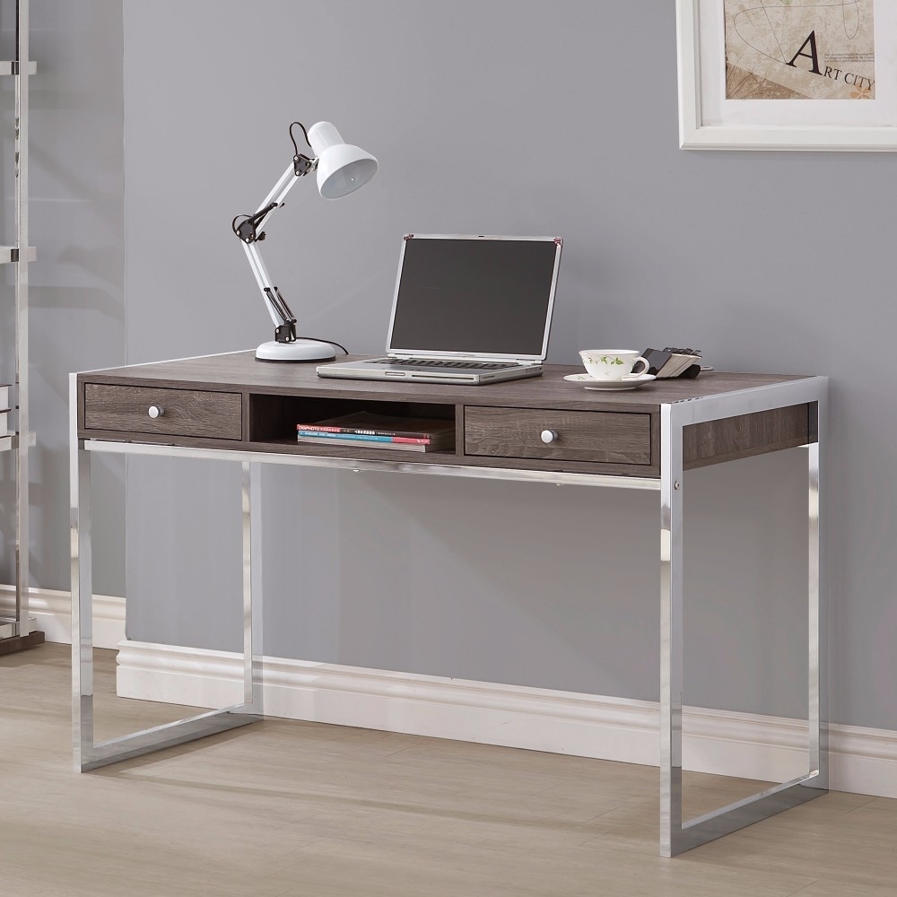 Wooden Writing Desk With Electroplated Chrome Frame, Gray- Saltoro Sherpi