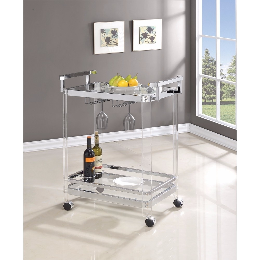 Stylish Metal Base Serving Cart With Glass Top, Clear- Saltoro Sherpi