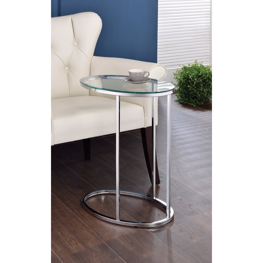 Stylish Oval Shaped Metal Snack Table With Glass Top, Silver- Saltoro Sherpi