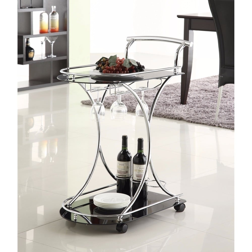 Dazzling Serving Cart With 2 Black Glass Shelves, Silver- Saltoro Sherpi