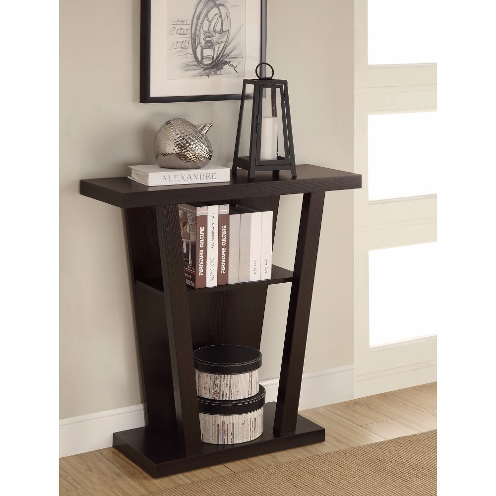 Angled Wooden Console Table With Storage Space, Brown- Saltoro Sherpi