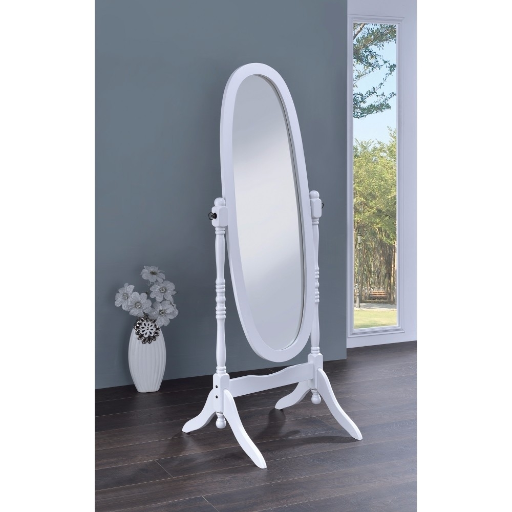 Traditional Oval Shaped Cheval Mirror, White- Saltoro Sherpi
