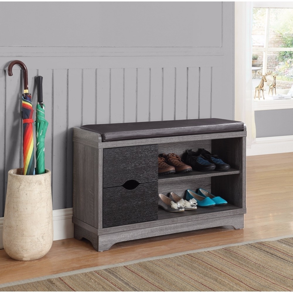 Sophisticated Shoe Cabinet With Leatherette Seat, Black- Saltoro Sherpi