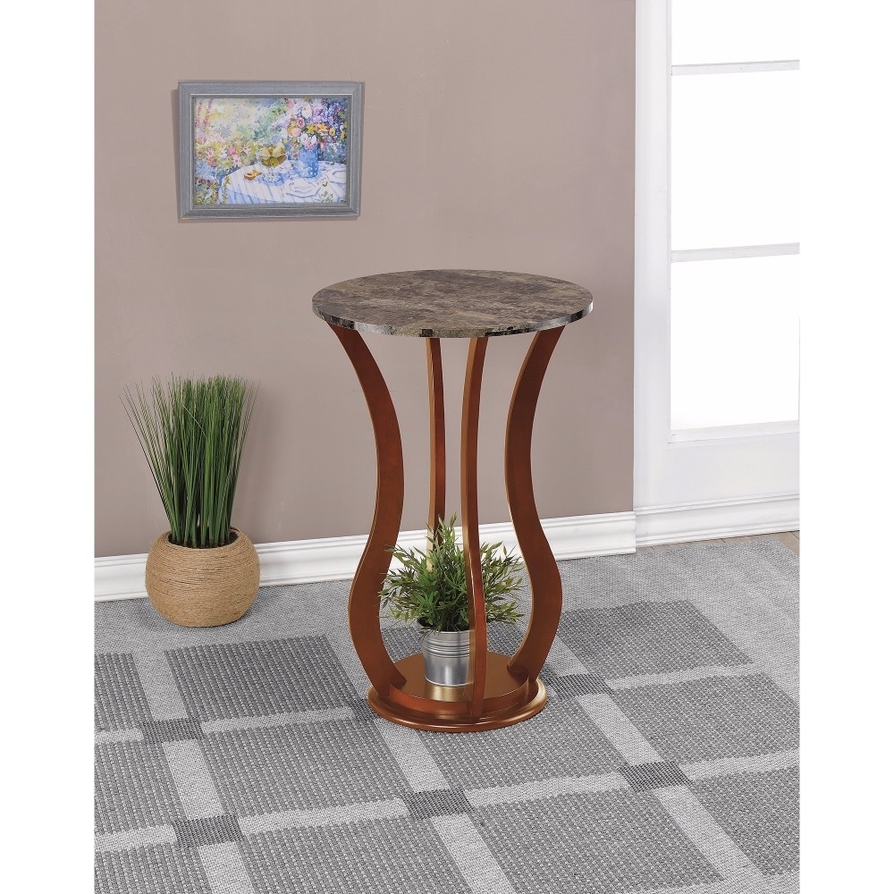 Transitional Wooden Plant Stand With Faux Marble Top, Brown- Saltoro Sherpi