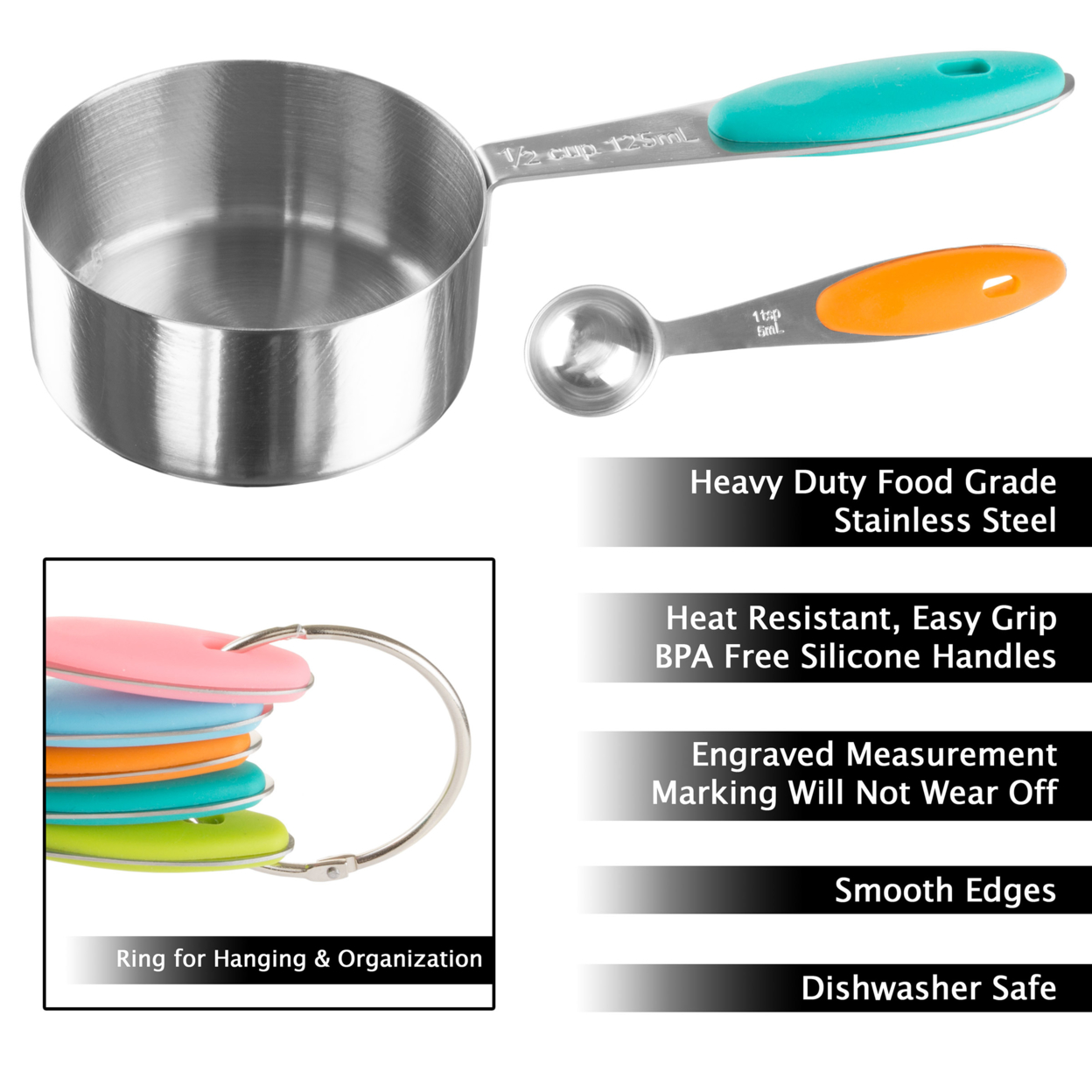 Measuring Cups And Spoons Matching Set Stainless Steel Silicone Handles Cups TBSP And Metric
