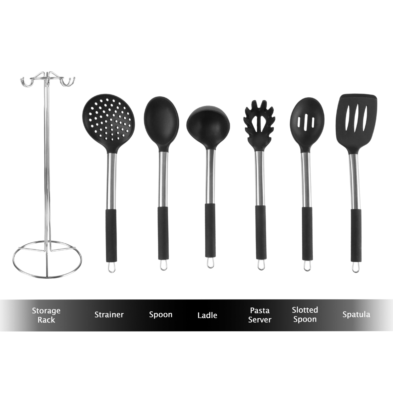 Set Of Non Stick 6 Utensils And Wire Stainless Steel Rack Easy Access Cooking