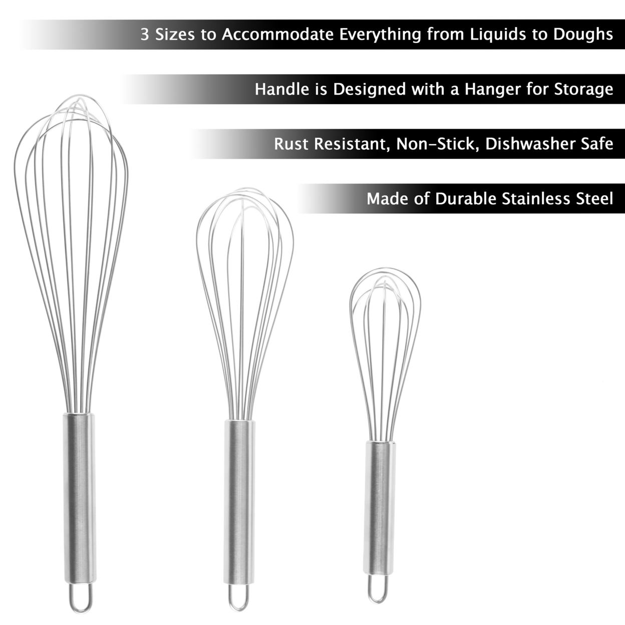 3-Pack Stainless Steel Dishwasher Safe Wire Whisks