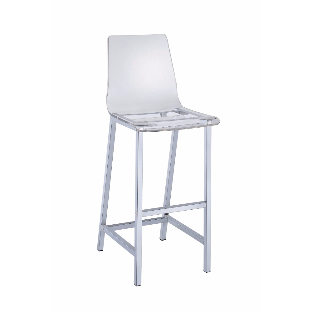 Elegant Acrylic Bar Height Stool With Chrome Base, Clear And Silver, Set Of 2- Saltoro Sherpi