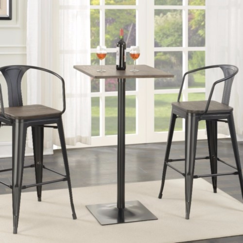 Industrial Square Metal Bar Table With Wooden Top, Black- Saltoro Sherpi