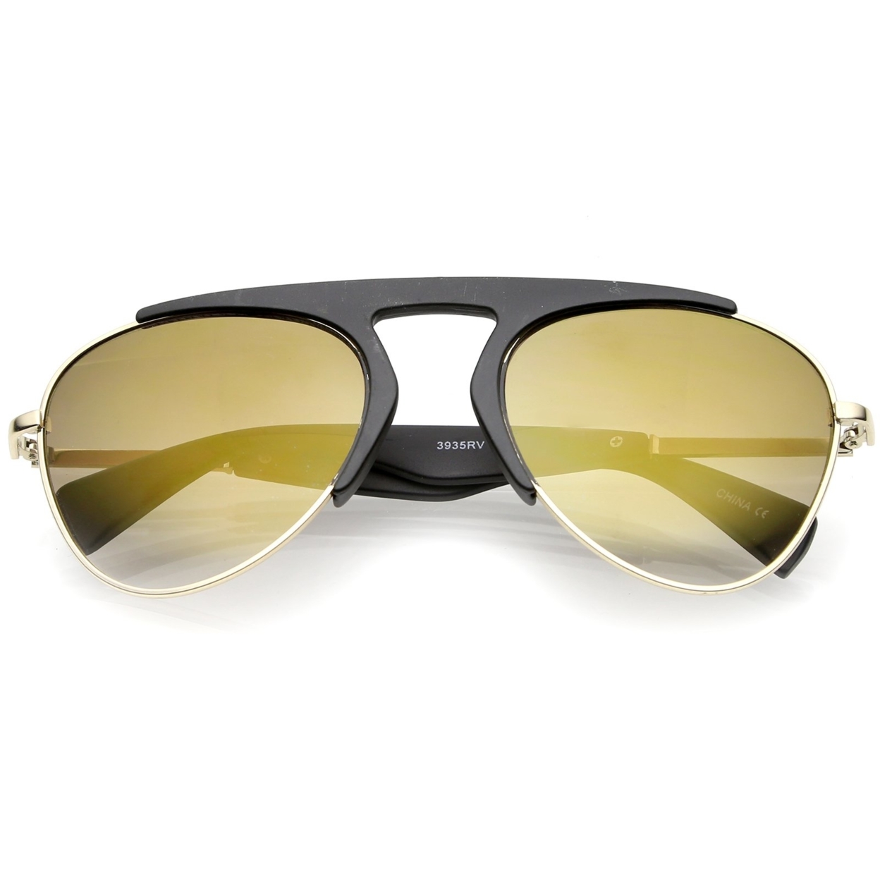 Bold Brow Bar Keyhole Nose Bridge Colored Mirror Lens Aviator Sunglasses 56mm - Matte Black-Gold / Gold Mirror