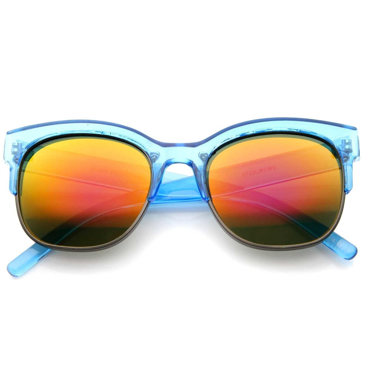 Bold Colorful Half-Frame Two-Toned Inset Mirrored Lens Horn Rimmed Sunglasses - Blue-Gunmetal / Red Mirror
