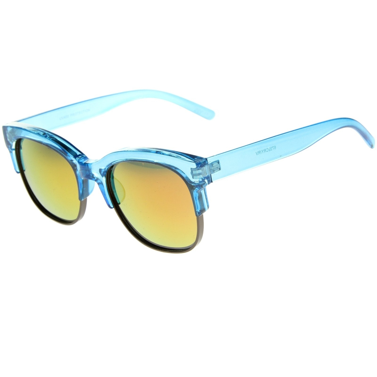 Bold Colorful Half-Frame Two-Toned Inset Mirrored Lens Horn Rimmed Sunglasses - Blue-Gunmetal / Red Mirror