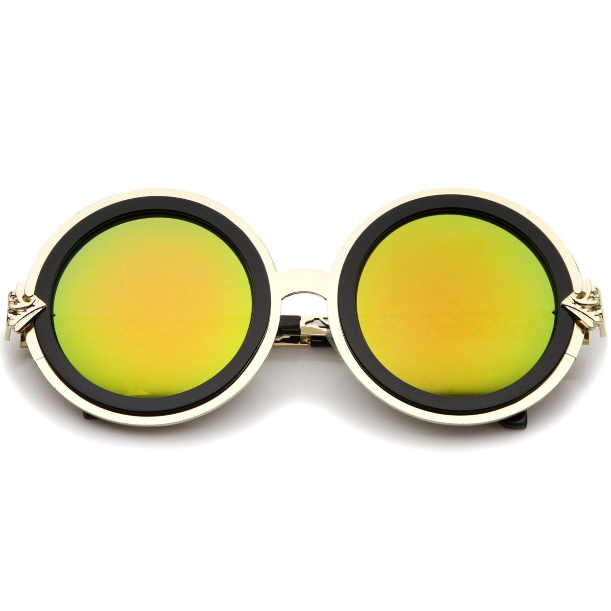 Bold Metal Ornate Cutout Temple Mirror Lens Round Sunglasses 54mm - Gold-Black / Green Mirror