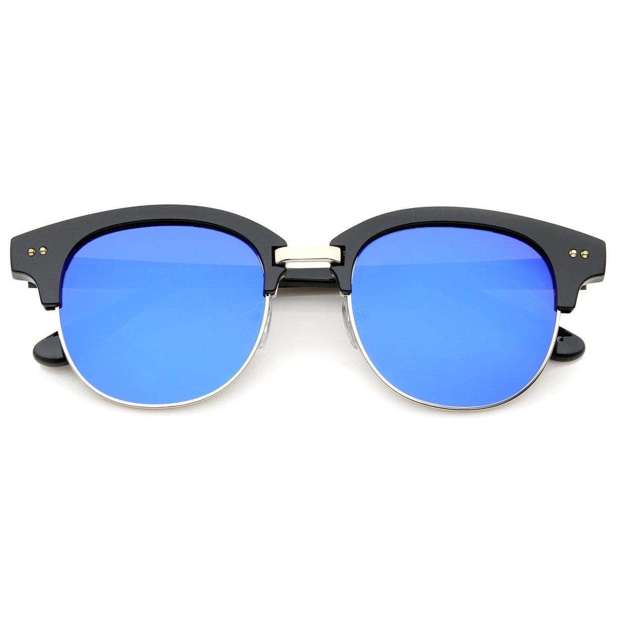 Bold Metal Nose Bridge Color Mirror Lens Round Half-Frame Sunglasses 52mm - Black-Gold / Gold Mirror