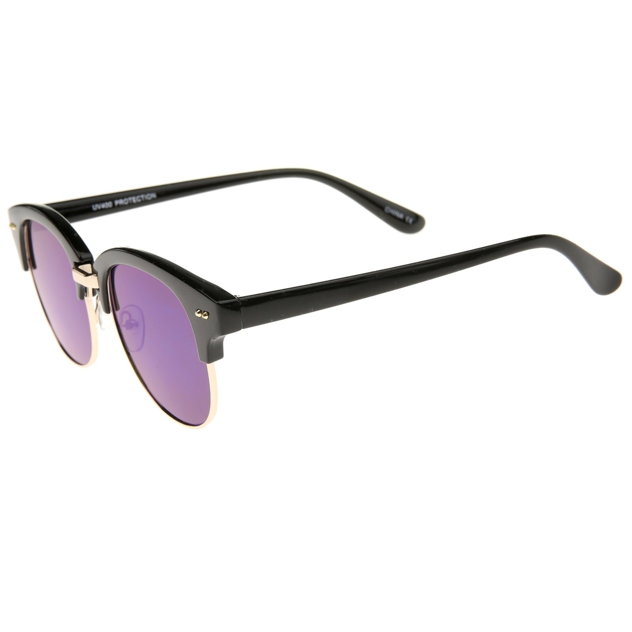 Bold Metal Nose Bridge Color Mirror Lens Round Half-Frame Sunglasses 52mm - Black-Gold / Magenta Mirror