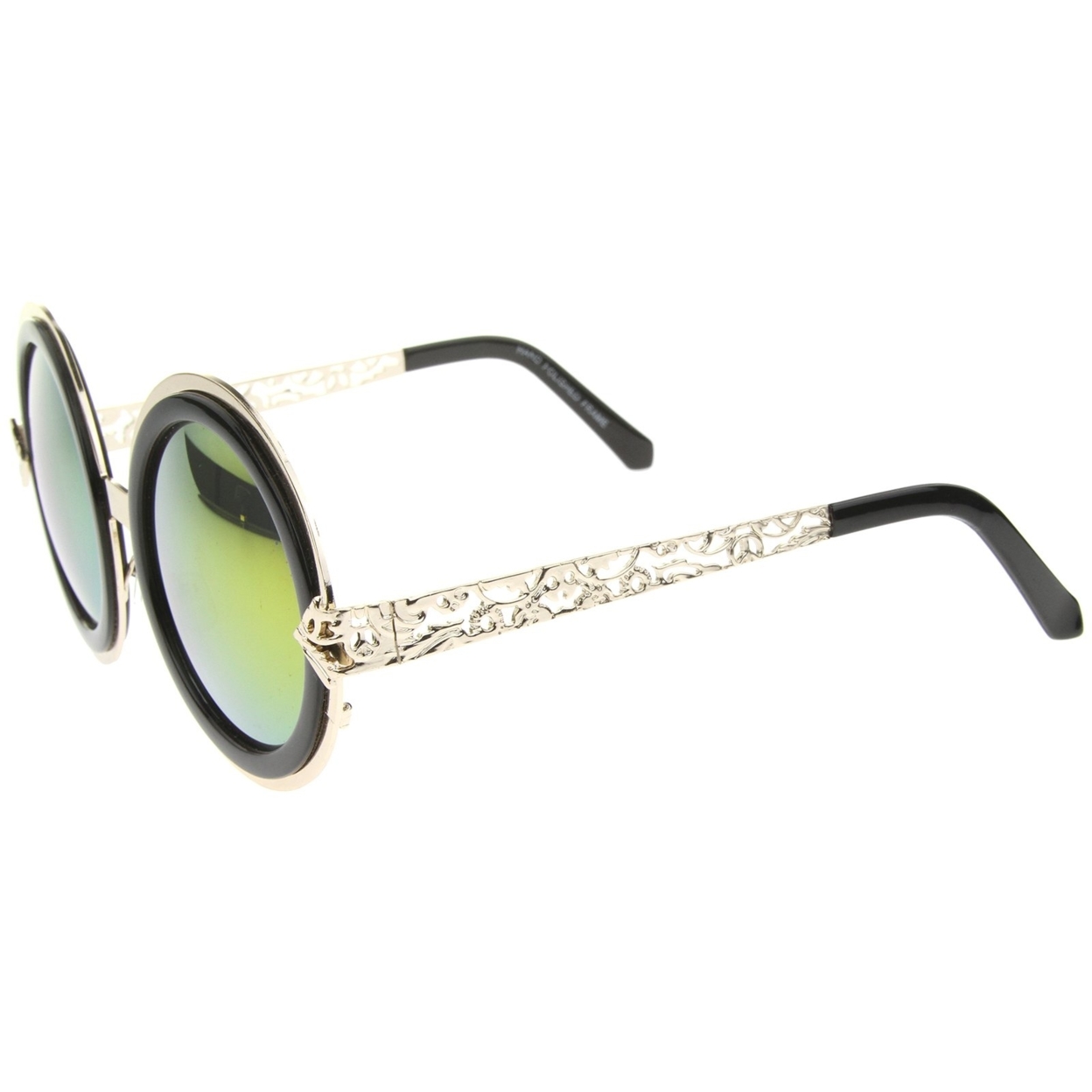 Bold Metal Ornate Cutout Temple Mirror Lens Round Sunglasses 54mm - Gold-Black / Green Mirror