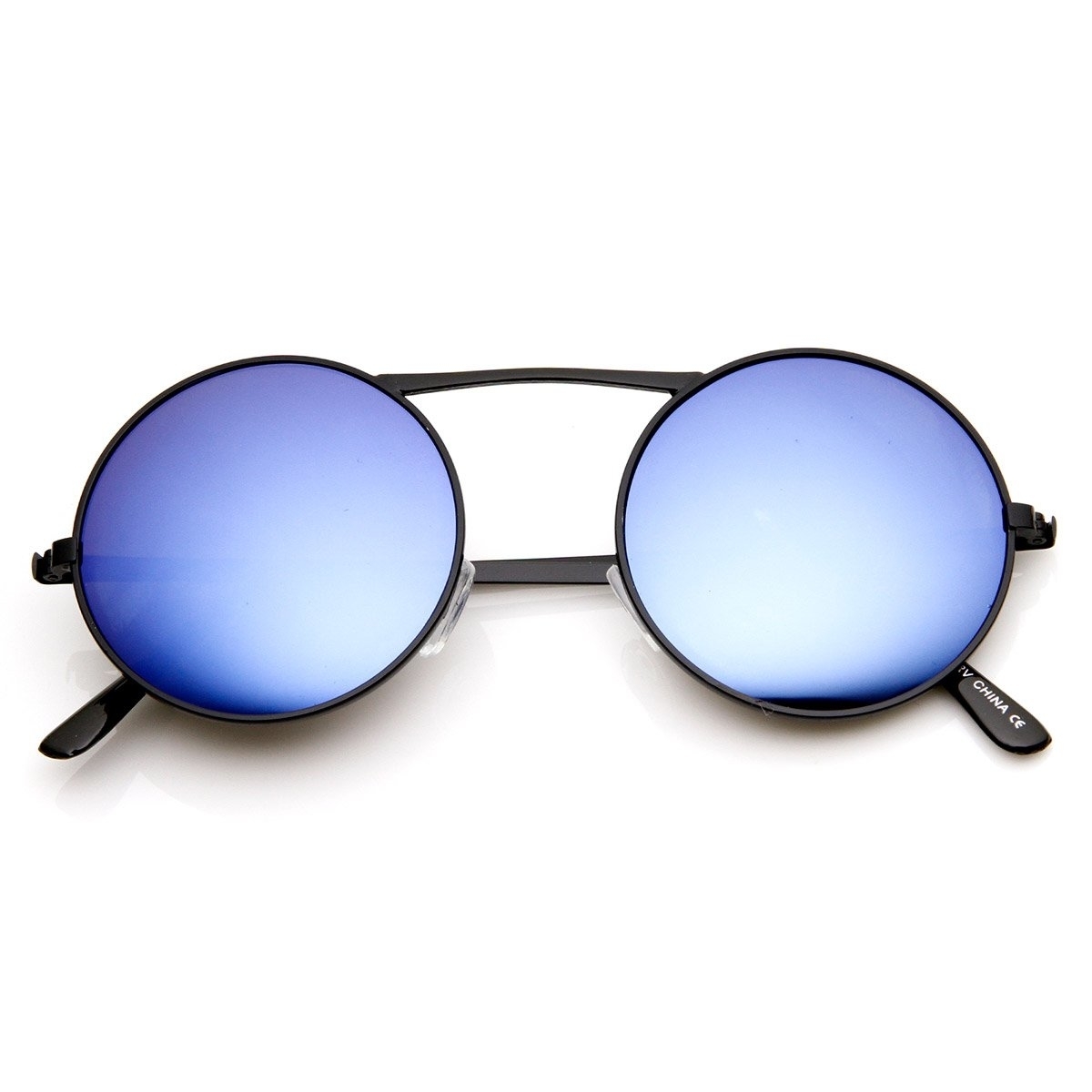 Classic Metal High Crossbar Blue Mirror Lens Round Circle Sunglasses - Silver Ice