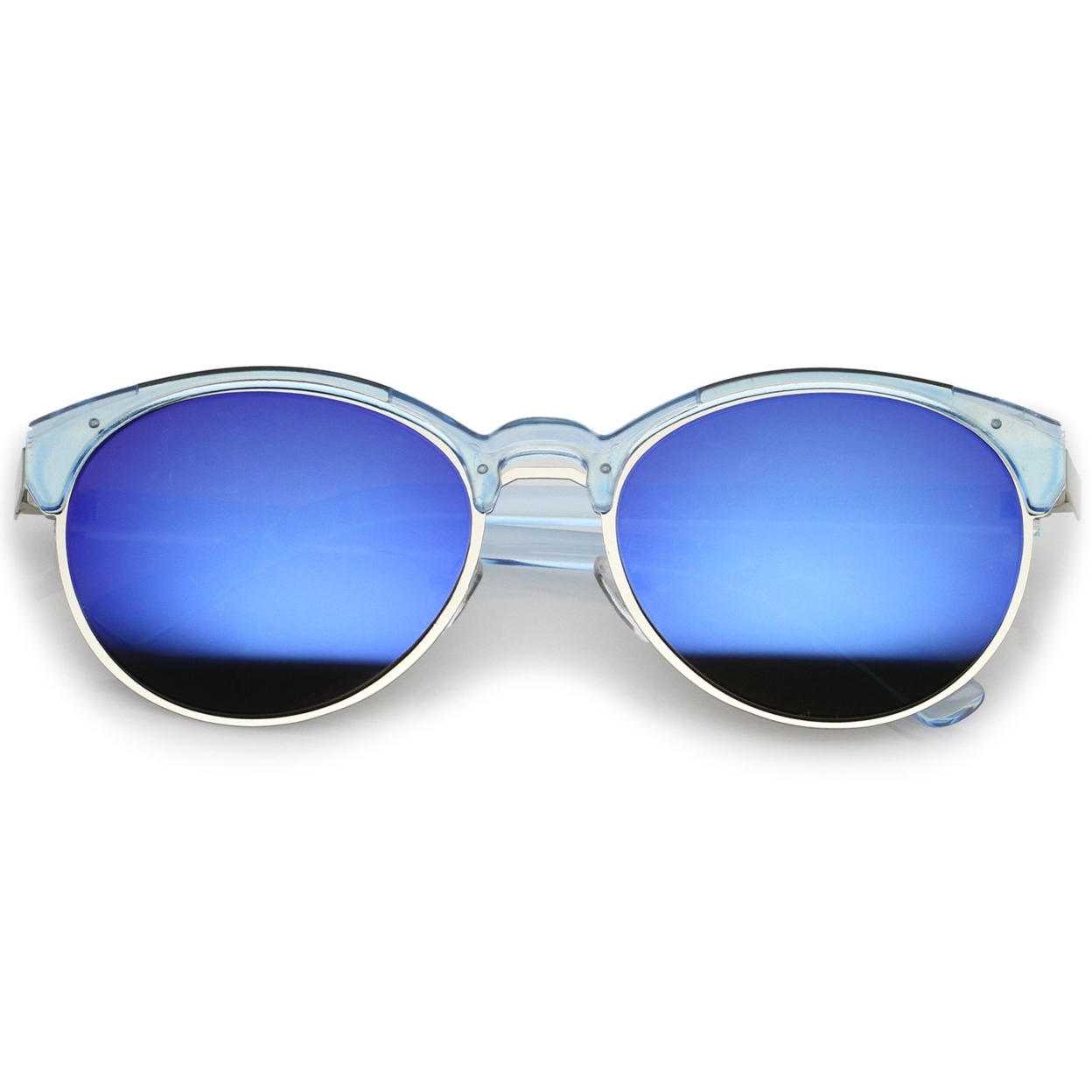 Double Nose Bridge Metal Trim Mirror Lens Round Cat Eye Sunglasses 55mm - Blue-Silver / Blue Mirror