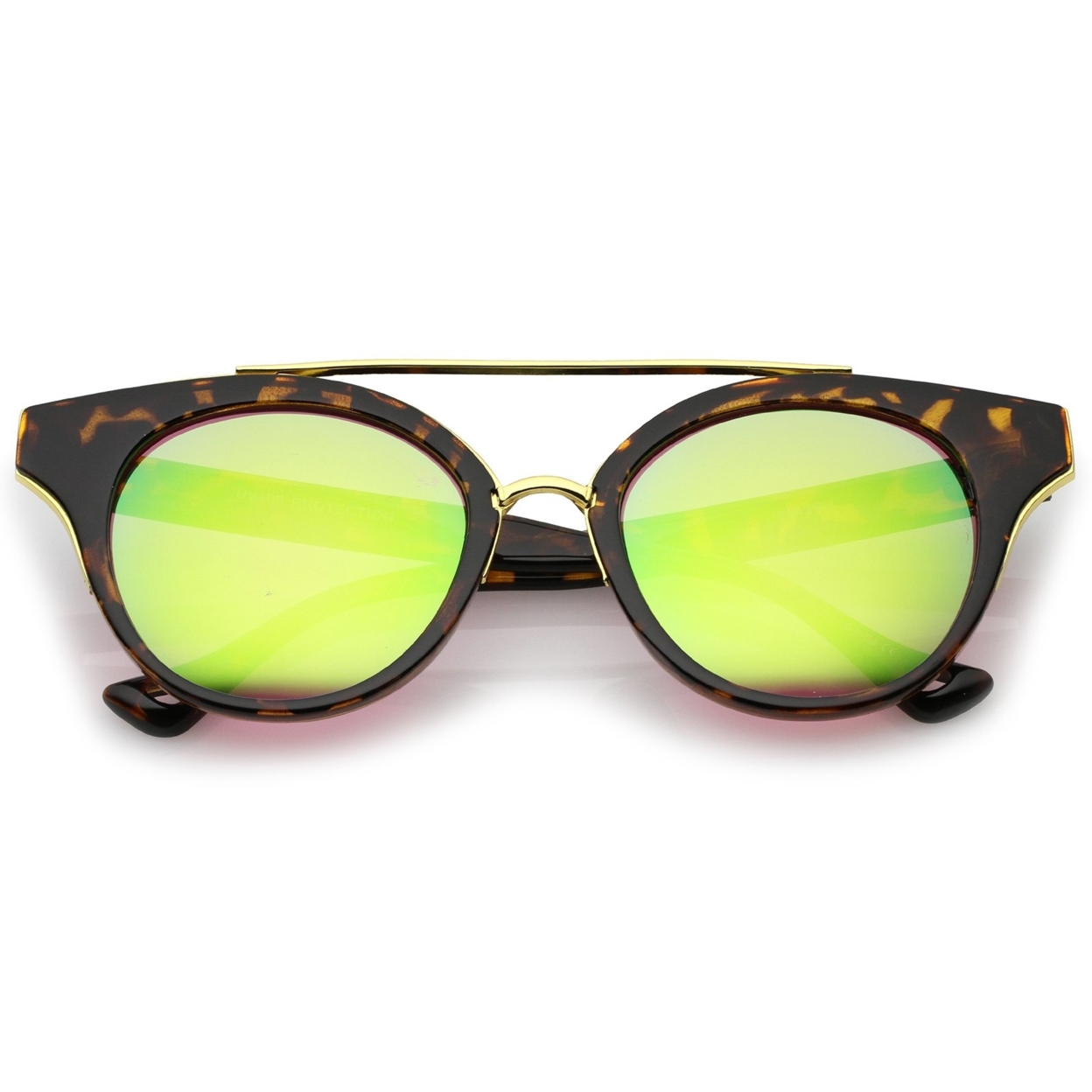 Double Nose Bridge Round Colored Mirror Lens Cat Eye Sunglasses 51mm - Black-Gold / Silver Mirror