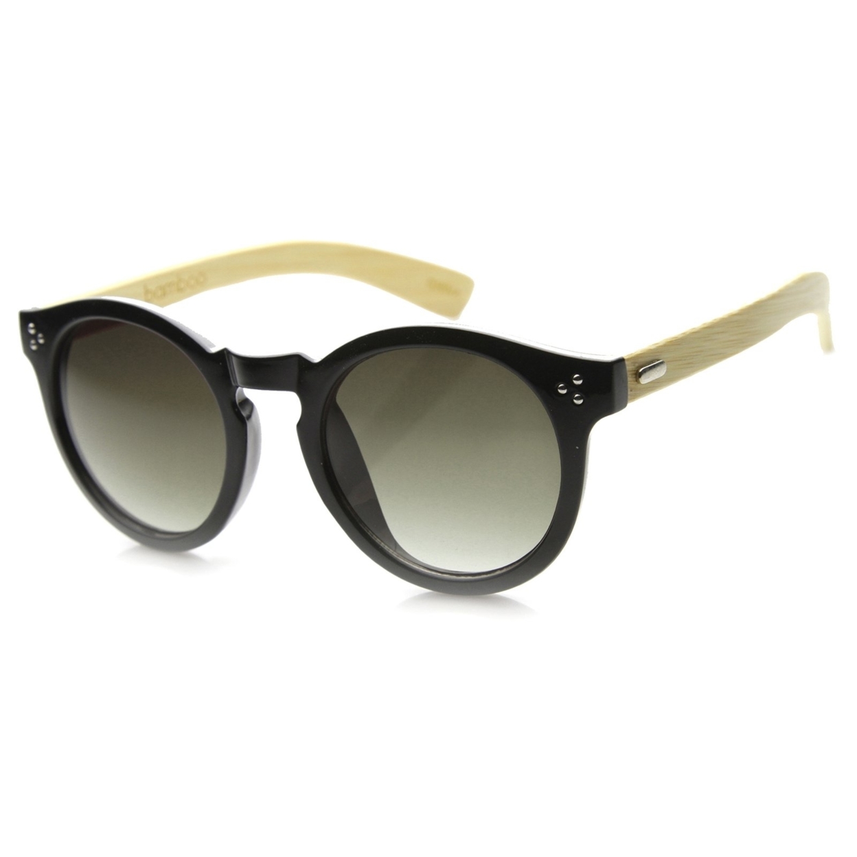Eco-Friendly Genuine Bamboo Horned Rim P3 Key Hole Studded Round Sunglasses - Shiny Black / Lavender