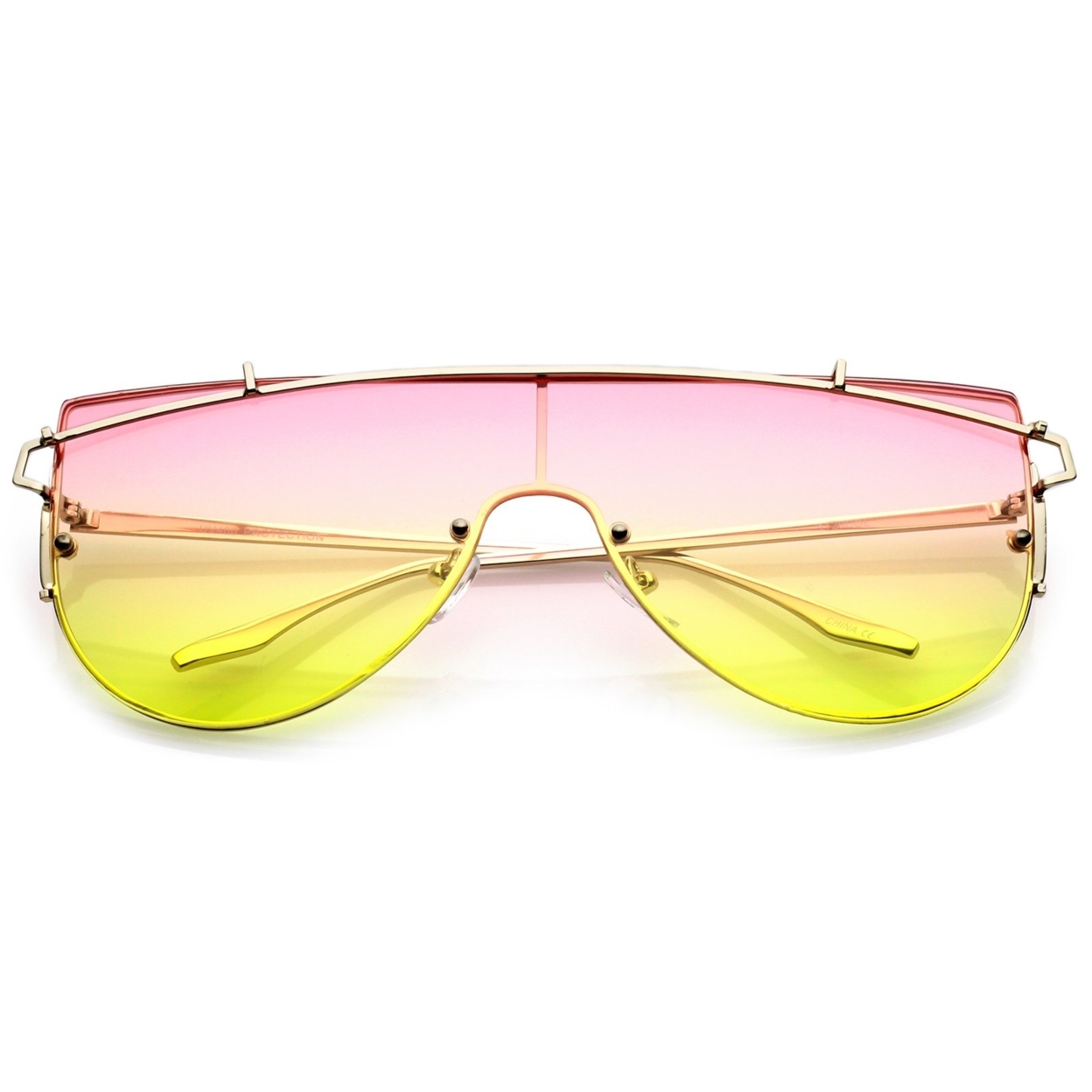 Futuristic Rimless Metal Crossbar Gradient Colored Mono Lens Shield Sunglasses 61mm - Silver / Blue-Yellow