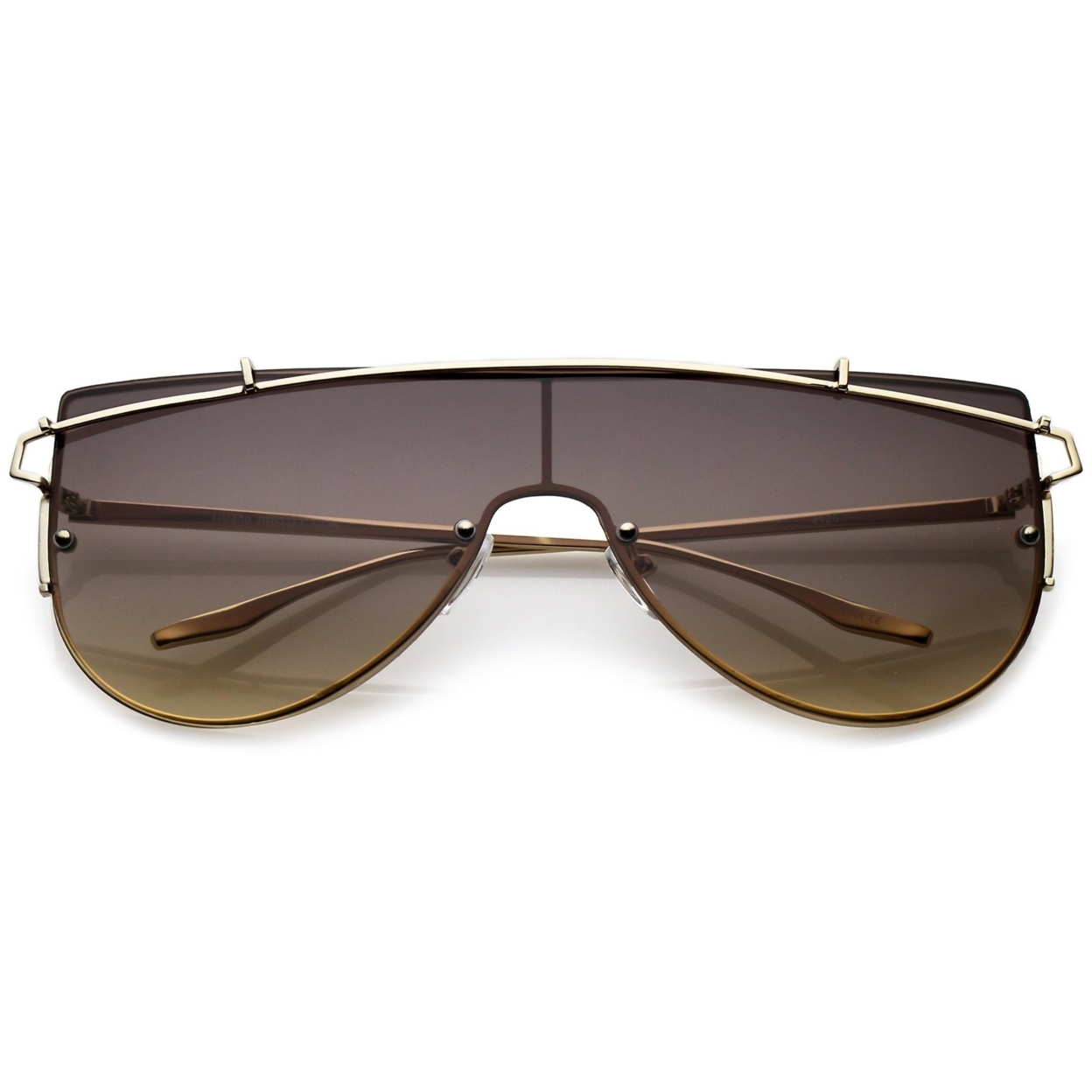Futuristic Rimless Metal Crossbar Nuetral Colored Mono Lens Shield Sunglasses 64mm - Gold / Brown