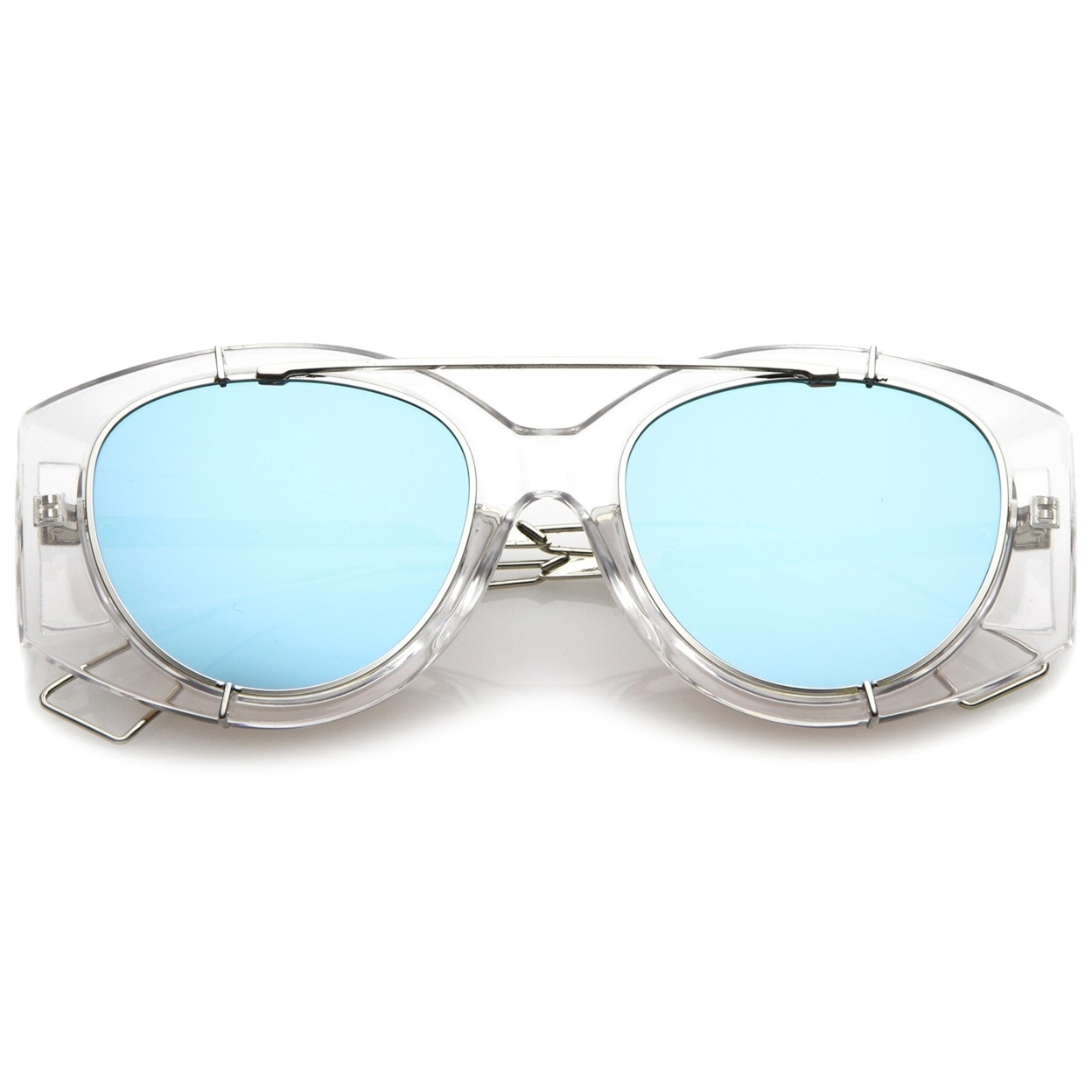 Futuristic Translucent Wire Metal Arms Crossbar Mirrored Flat Lens Oversize Sunglasses 53mm - Clear Gold / Red Mirror