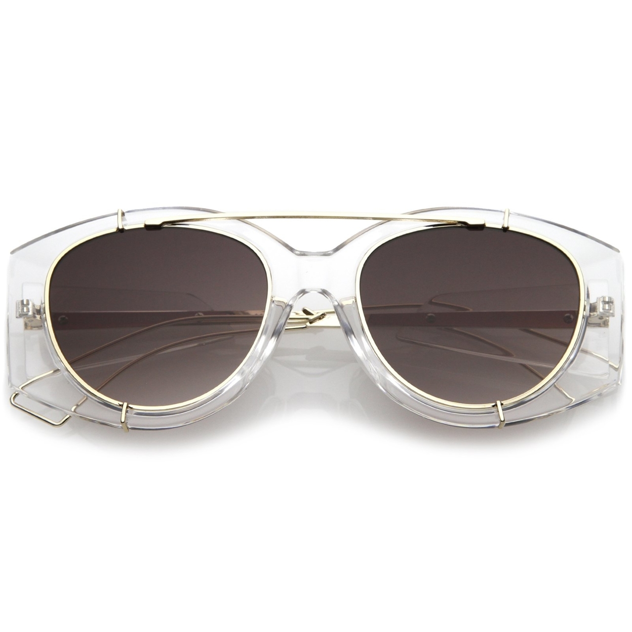 Futuristic Translucent Wire Metal Arms Crossbar Round Flat Lens Oversize Sunglasses 53mm - Clear Gold / Pink Gradient