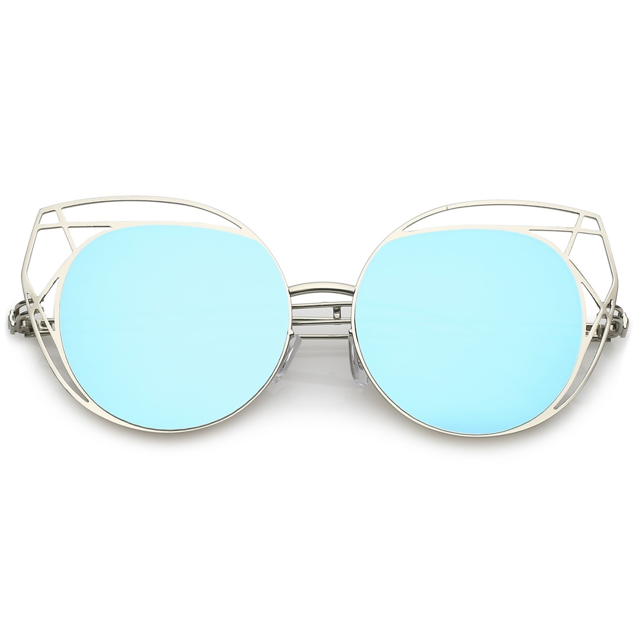 Geometric Cutout Thin Metal Cat Eye Sunglasses Round Mirrored Flat Lens 53mm - Gold / Pink Mirror