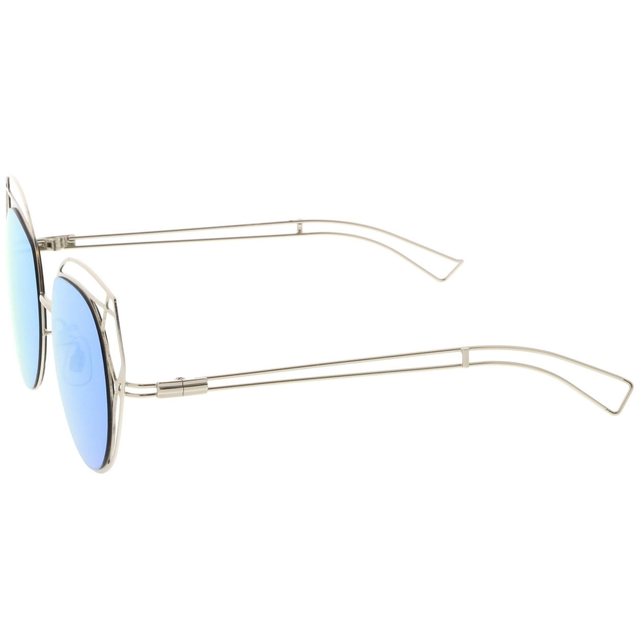 Geometric Cutout Thin Metal Cat Eye Sunglasses Round Mirrored Flat Lens 53mm - Silver / Silver Mirror